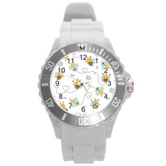 Bee Art Pattern Design Wallpaper Background Print Round Plastic Sport Watch (L)