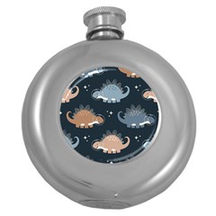 Dino Art Pattern Design Wallpaper Background Round Hip Flask (5 Oz) by uniart180623