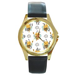 Art Bee Pattern Design Wallpaper Background Round Gold Metal Watch by uniart180623