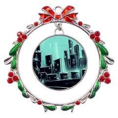 Buildings City Urban Destruction Background Metal X mas Wreath Ribbon Ornament by uniart180623