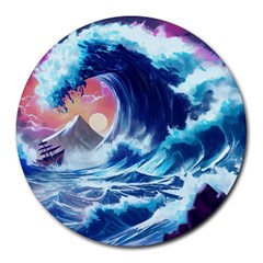 Storm Tsunami Waves Ocean Sea Nautical Nature Round Mousepad by uniart180623