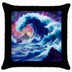 Storm Tsunami Waves Ocean Sea Nautical Nature Throw Pillow Case (black) by uniart180623