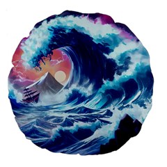 Storm Tsunami Waves Ocean Sea Nautical Nature Large 18  Premium Flano Round Cushions by uniart180623