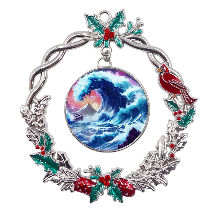 Storm Tsunami Waves Ocean Sea Nautical Nature Metal X mas Wreath Holly leaf Ornament