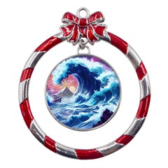 Storm Tsunami Waves Ocean Sea Nautical Nature Metal Red Ribbon Round Ornament by uniart180623