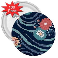 Waves Flowers Pattern Water Floral Minimalist 3  Buttons (100 pack) 