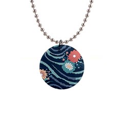 Waves Flowers Pattern Water Floral Minimalist 1  Button Necklace by uniart180623