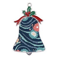 Waves Flowers Pattern Water Floral Minimalist Metal Holly Leaf Bell Ornament