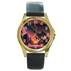 Fire Flame Burn Hot Heat Light Burning Orange Round Gold Metal Watch by uniart180623