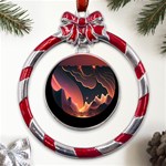 Fire Flame Burn Hot Heat Light Burning Orange Metal Red Ribbon Round Ornament Front