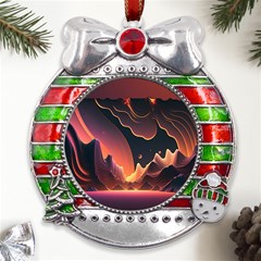 Fire Flame Burn Hot Heat Light Burning Orange Metal X mas Ribbon With Red Crystal Round Ornament by uniart180623