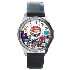 Rainbow Fun Cute Minimal Doodle Drawing Unique Round Metal Watch by uniart180623