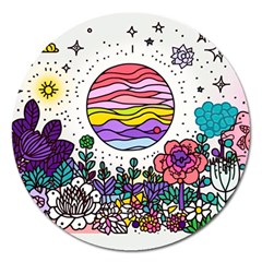 Rainbow Fun Cute Minimal Doodle Drawing Unique Magnet 5  (round) by uniart180623