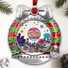 Rainbow Fun Cute Minimal Doodle Drawing Unique Metal X mas Ribbon With Red Crystal Round Ornament by uniart180623