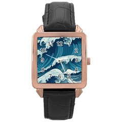 Waves Ocean Sea Pattern Water Tsunami Rough Seas Rose Gold Leather Watch  by uniart180623