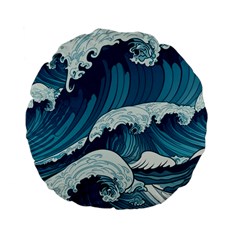 Waves Ocean Sea Pattern Water Tsunami Rough Seas Standard 15  Premium Flano Round Cushions by uniart180623