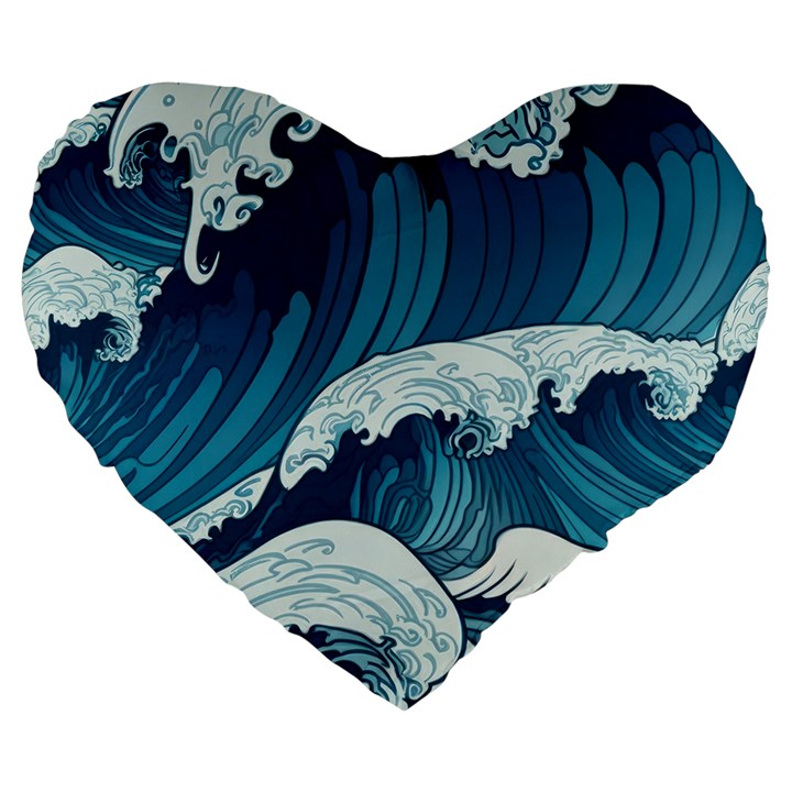 Waves Ocean Sea Pattern Water Tsunami Rough Seas Large 19  Premium Flano Heart Shape Cushions