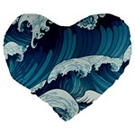 Waves Ocean Sea Pattern Water Tsunami Rough Seas Large 19  Premium Flano Heart Shape Cushions Back