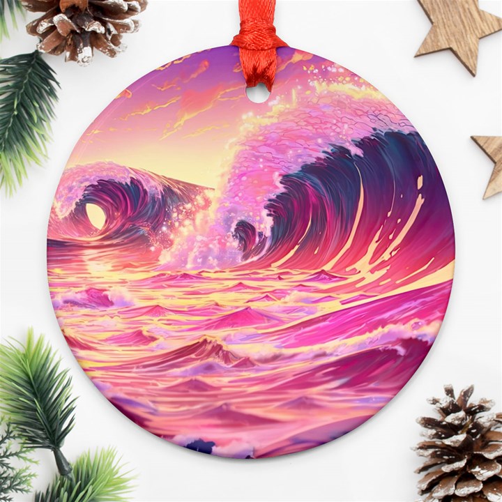 Waves Ocean Sea Tsunami Nautical Red Yellow Ornament (Round)