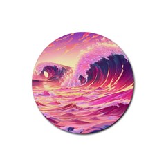 Waves Ocean Sea Tsunami Nautical Red Yellow Rubber Round Coaster (4 Pack) by uniart180623