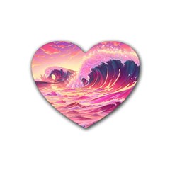 Waves Ocean Sea Tsunami Nautical Red Yellow Rubber Coaster (heart) by uniart180623