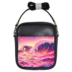 Waves Ocean Sea Tsunami Nautical Red Yellow Girls Sling Bag by uniart180623