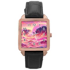 Waves Ocean Sea Tsunami Nautical Red Yellow Rose Gold Leather Watch  by uniart180623