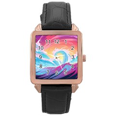 Waves Ocean Sea Tsunami Nautical Rose Gold Leather Watch  by uniart180623