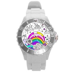 Rainbow Fun Cute Minimal Doodle Drawing Art Round Plastic Sport Watch (l) by uniart180623