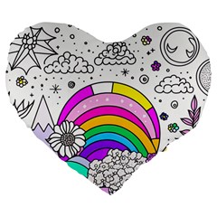 Rainbow Fun Cute Minimal Doodle Drawing Art Large 19  Premium Flano Heart Shape Cushions by uniart180623