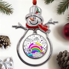 Rainbow Fun Cute Minimal Doodle Drawing Art Metal Snowman Ornament