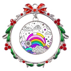 Rainbow Fun Cute Minimal Doodle Drawing Art Metal X mas Wreath Ribbon Ornament by uniart180623