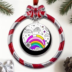 Rainbow Fun Cute Minimal Doodle Drawing Art Metal Red Ribbon Round Ornament by uniart180623