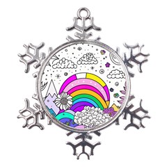 Rainbow Fun Cute Minimal Doodle Drawing Art Metal Large Snowflake Ornament by uniart180623