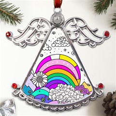 Rainbow Fun Cute Minimal Doodle Drawing Art Metal Angel With Crystal Ornament