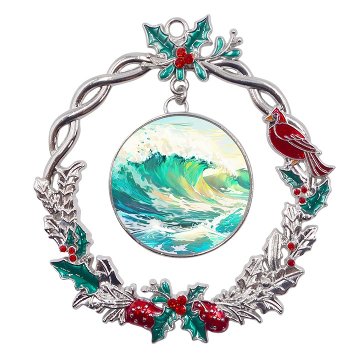 Waves Ocean Sea Tsunami Nautical Art Metal X mas Wreath Holly leaf Ornament