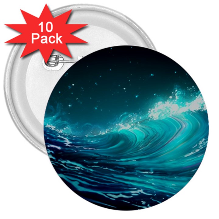 Tsunami Waves Ocean Sea Nautical Nature Water 3  Buttons (10 pack) 