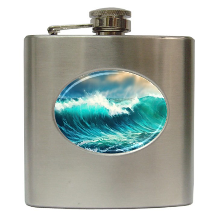 Waves Ocean Sea Tsunami Nautical Painting Hip Flask (6 oz)