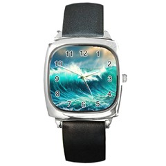 Waves Ocean Sea Tsunami Nautical Painting Square Metal Watch by uniart180623