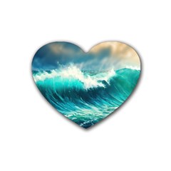 Waves Ocean Sea Tsunami Nautical Painting Rubber Heart Coaster (4 Pack) by uniart180623