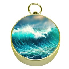 Waves Ocean Sea Tsunami Nautical Painting Gold Compasses by uniart180623