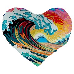 Waves Ocean Sea Tsunami Nautical Arts Large 19  Premium Flano Heart Shape Cushions