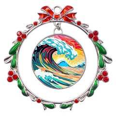 Waves Ocean Sea Tsunami Nautical Arts Metal X mas Wreath Ribbon Ornament by uniart180623