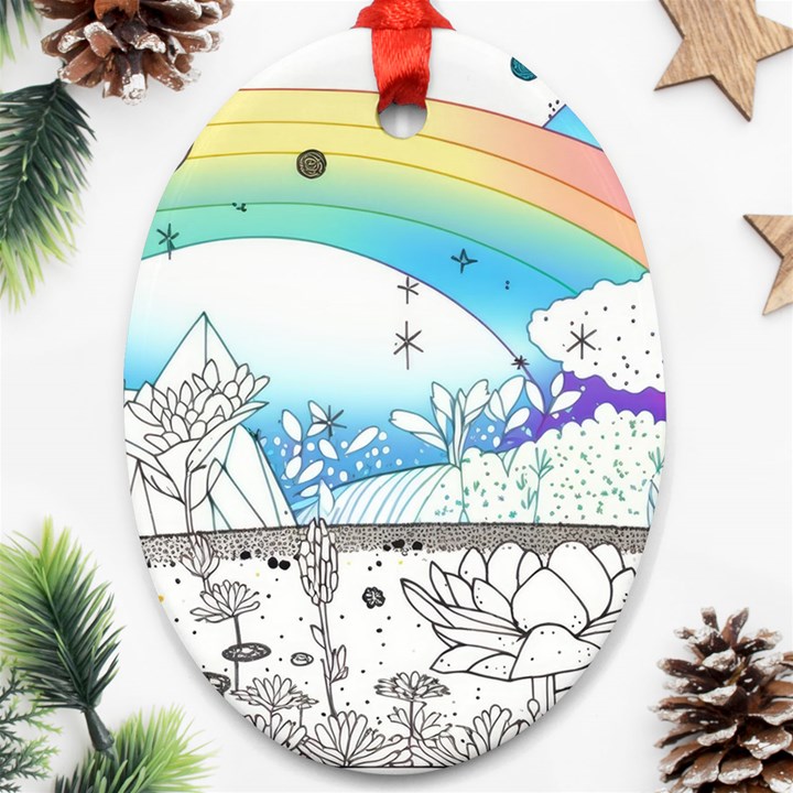 Rainbow Fun Cute Minimal Doodle Drawing Arts Ornament (Oval)