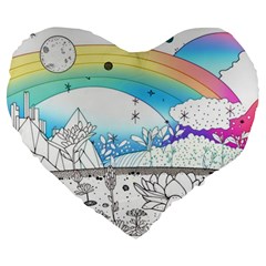 Rainbow Fun Cute Minimal Doodle Drawing Arts Large 19  Premium Flano Heart Shape Cushions