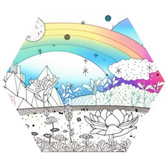 Rainbow Fun Cute Minimal Doodle Drawing Arts Wooden Puzzle Hexagon by uniart180623