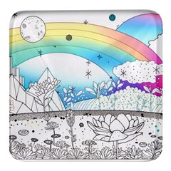 Rainbow Fun Cute Minimal Doodle Drawing Arts Square Glass Fridge Magnet (4 Pack)