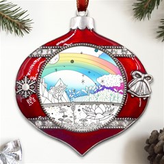 Rainbow Fun Cute Minimal Doodle Drawing Arts Metal Snowflake And Bell Red Ornament