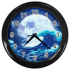 Waves Ocean Sea Tsunami Nautical Blue Wall Clock (black) by uniart180623