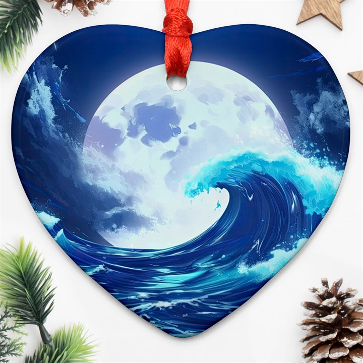 Waves Ocean Sea Tsunami Nautical Blue Heart Ornament (Two Sides)